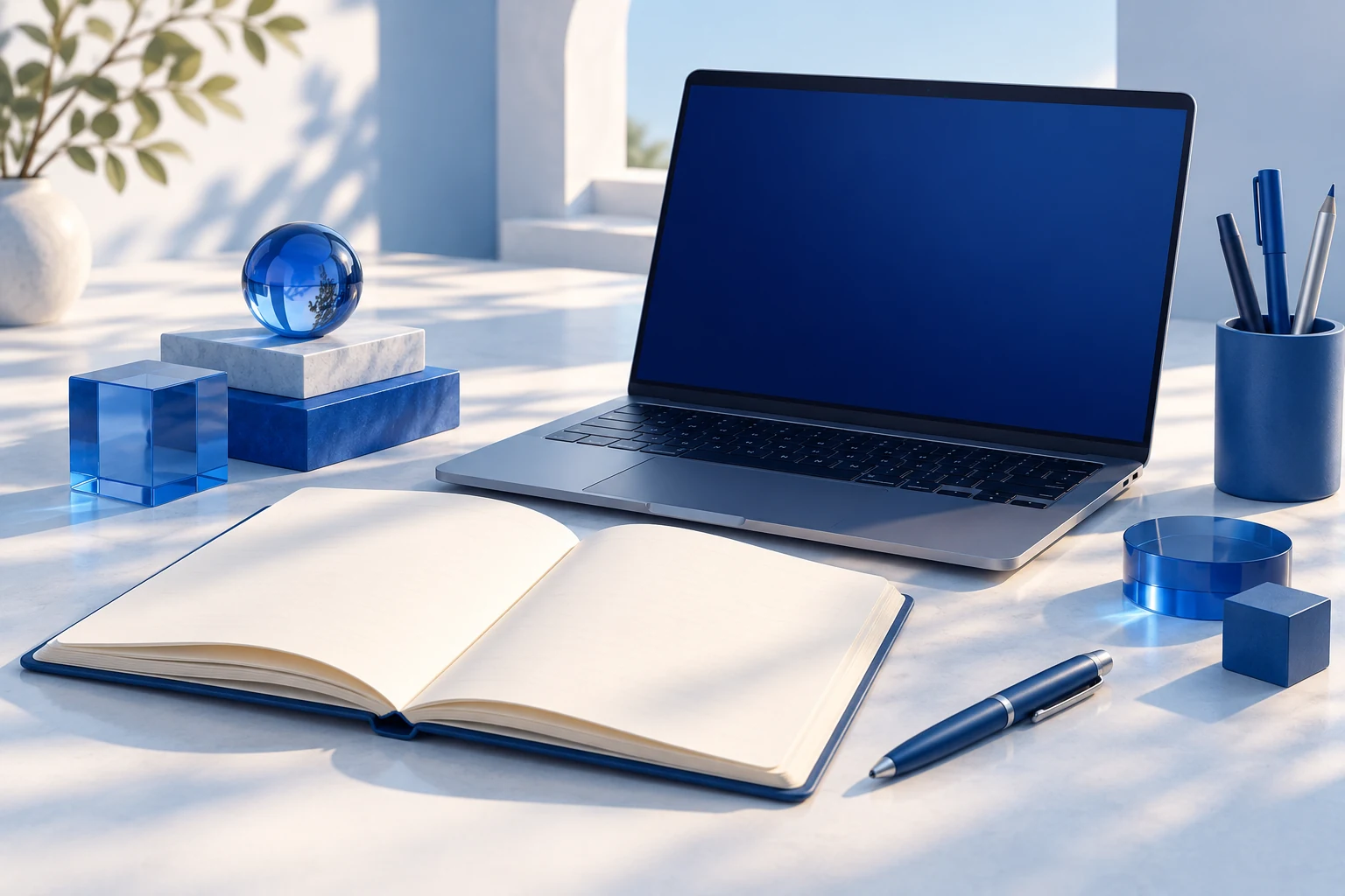 Editorial illustration of a notebook, laptop and modular tools in a creative workspace.