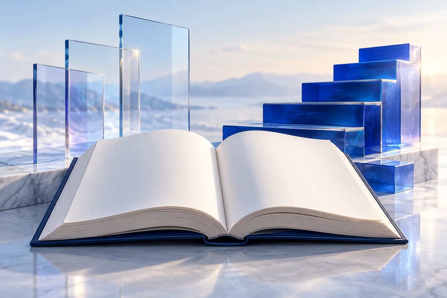 Concept illustration of a book, learning steps and translucent knowledge panels.
