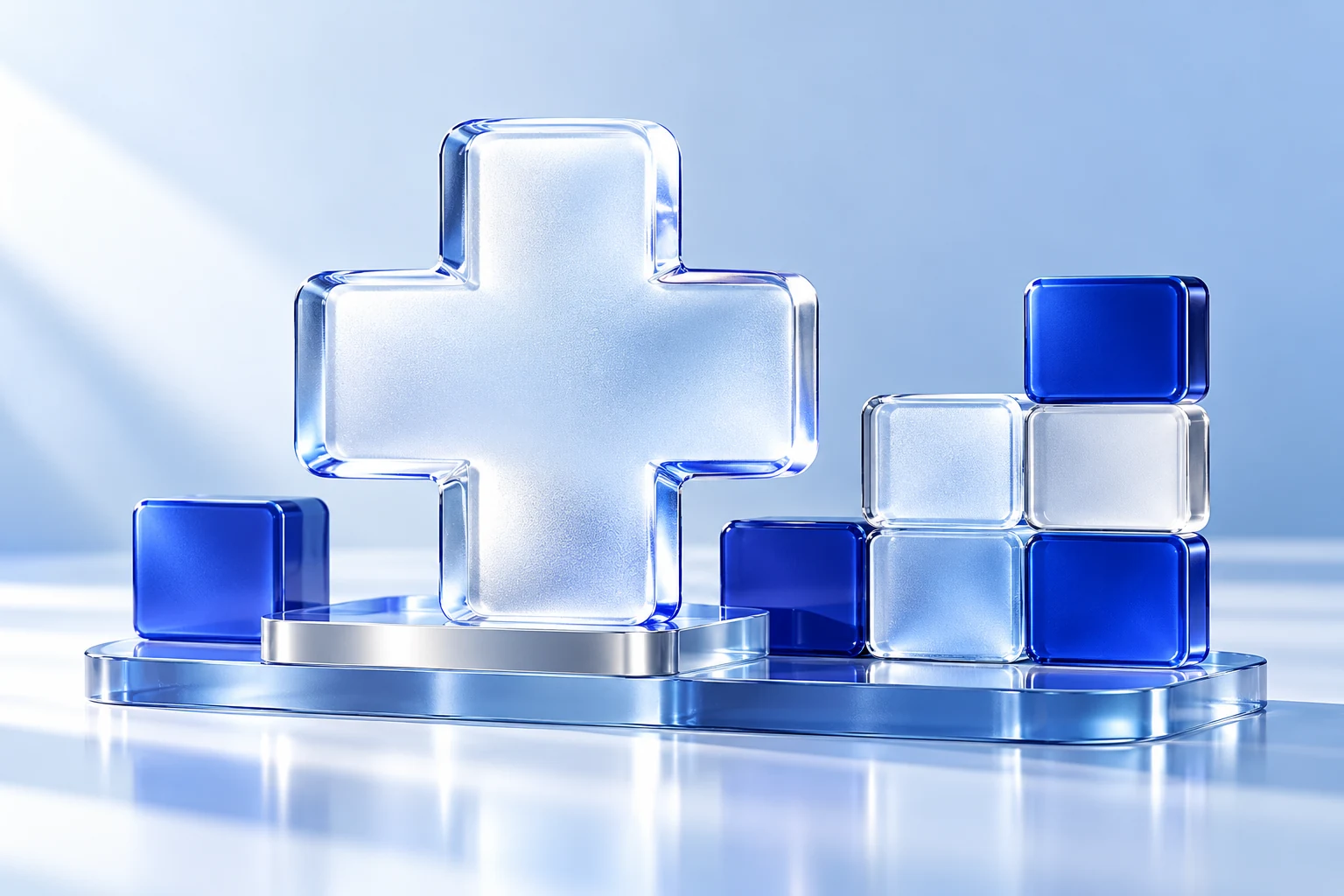 Concept illustration of a frosted healthcare cross with connected scheduling modules.