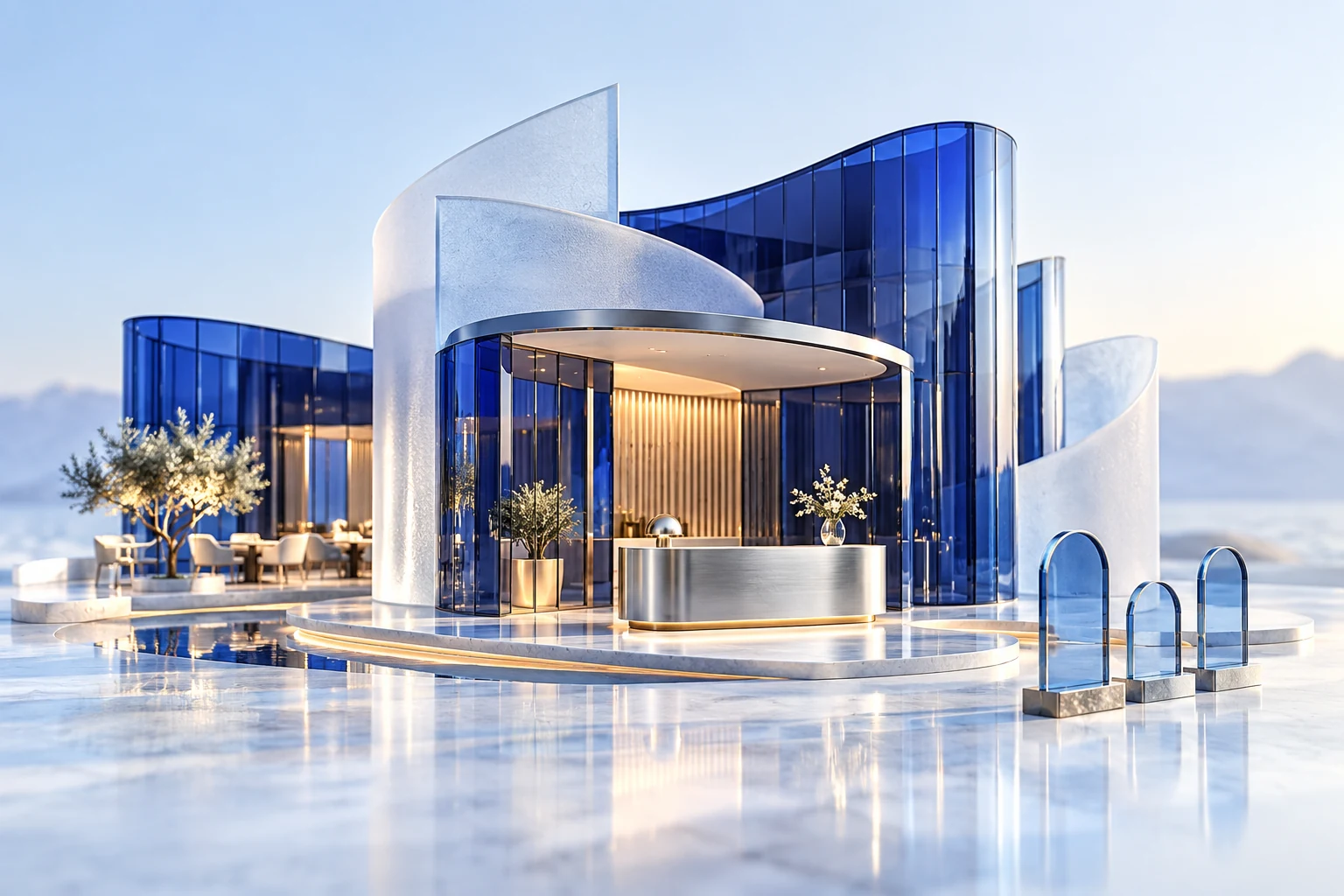 Concept illustration of a hospitality counter with modular booking and service elements.