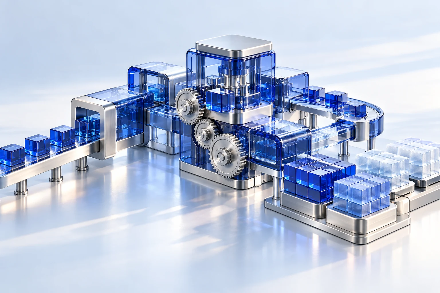 Concept illustration of modular production, gears and inventory structures in cobalt glass.