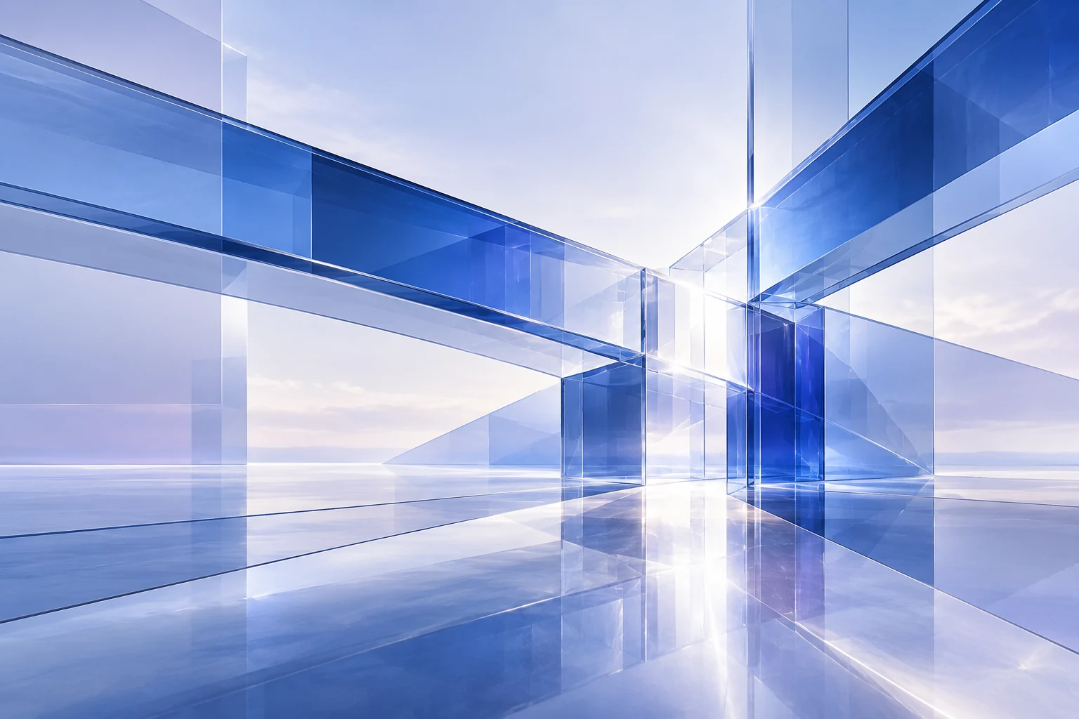 Concept artwork of connected cobalt glass structures around a shared focal point.