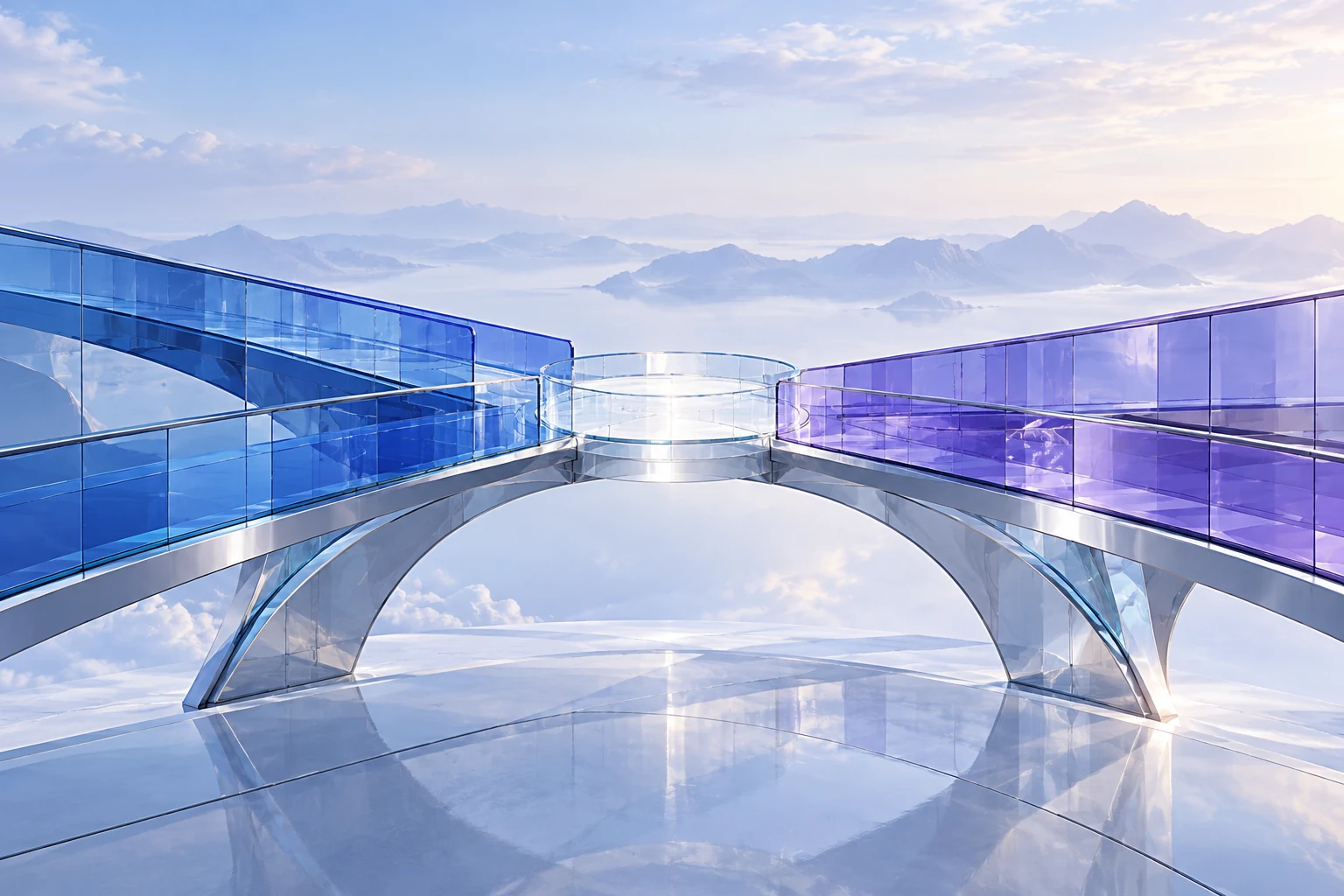 Concept artwork of two architectural spans connecting on a shared platform.